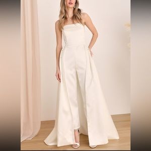 Ivory satin strapless jumpsuit with overskirt